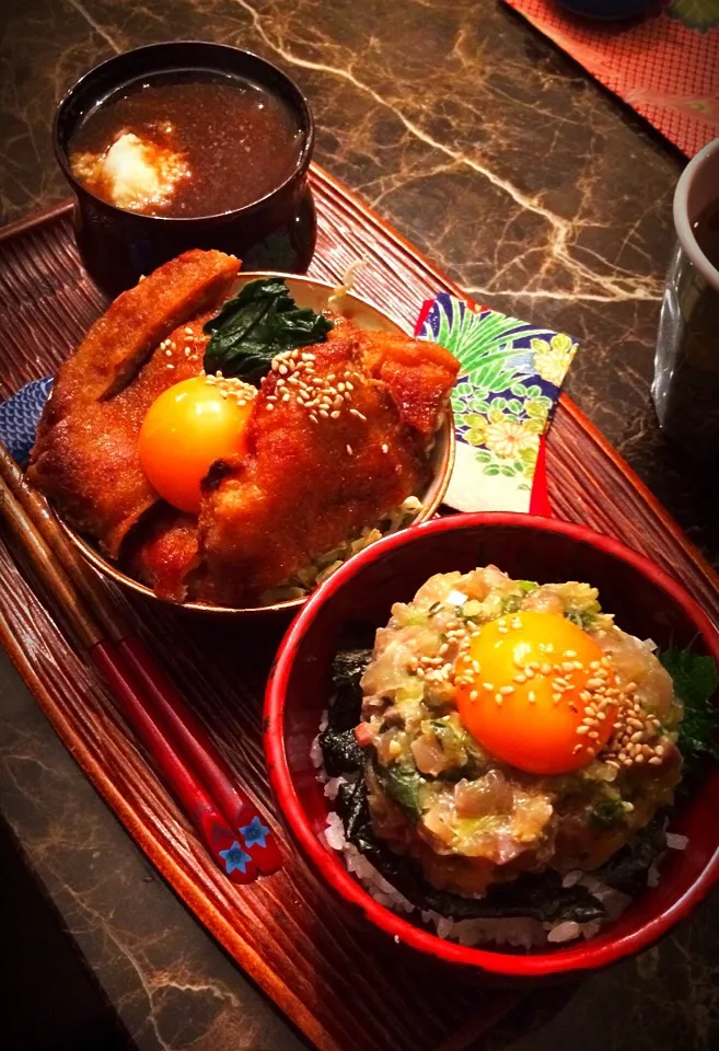 鯵のなめろう丼＆ソース勝つ丼🌈
小盛りꉂꉂ(ᵔᗜᵔ*？)❣️|💍ごはん🍚さん