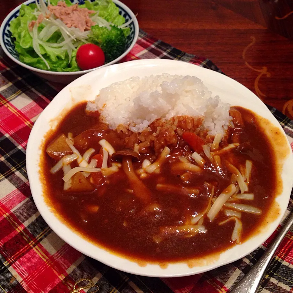 Snapdishの料理写真:今晩の夕食
ポークカレーライス＋チーズトッピング
サラダ|ちゃたままさん