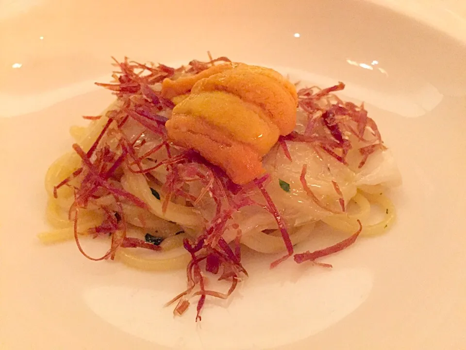 Spaghetti, uni, 36 months iberico bellota, Lardo de colonnata|Sky Blueさん