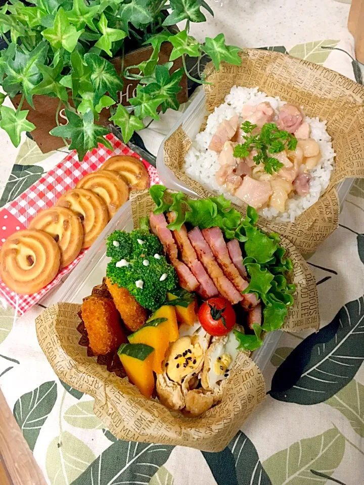 高校男子弁当🏉
✴︎厚切りベーコン
✴︎油揚げの卵煮
✴︎かぼちゃグリル焼き
✴︎塩茹でブロッコリー|emisanさん