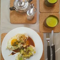 Snapdishの料理写真:Brunch.
Fried Eggs, Avocado, Fried Tomato, Goats Cheese on Damper drizzled with Sticky Fig Balsamic.
Coconut Milk with Tumeric, Ginger, Organic Honey and Freshl|mishelle spryさん