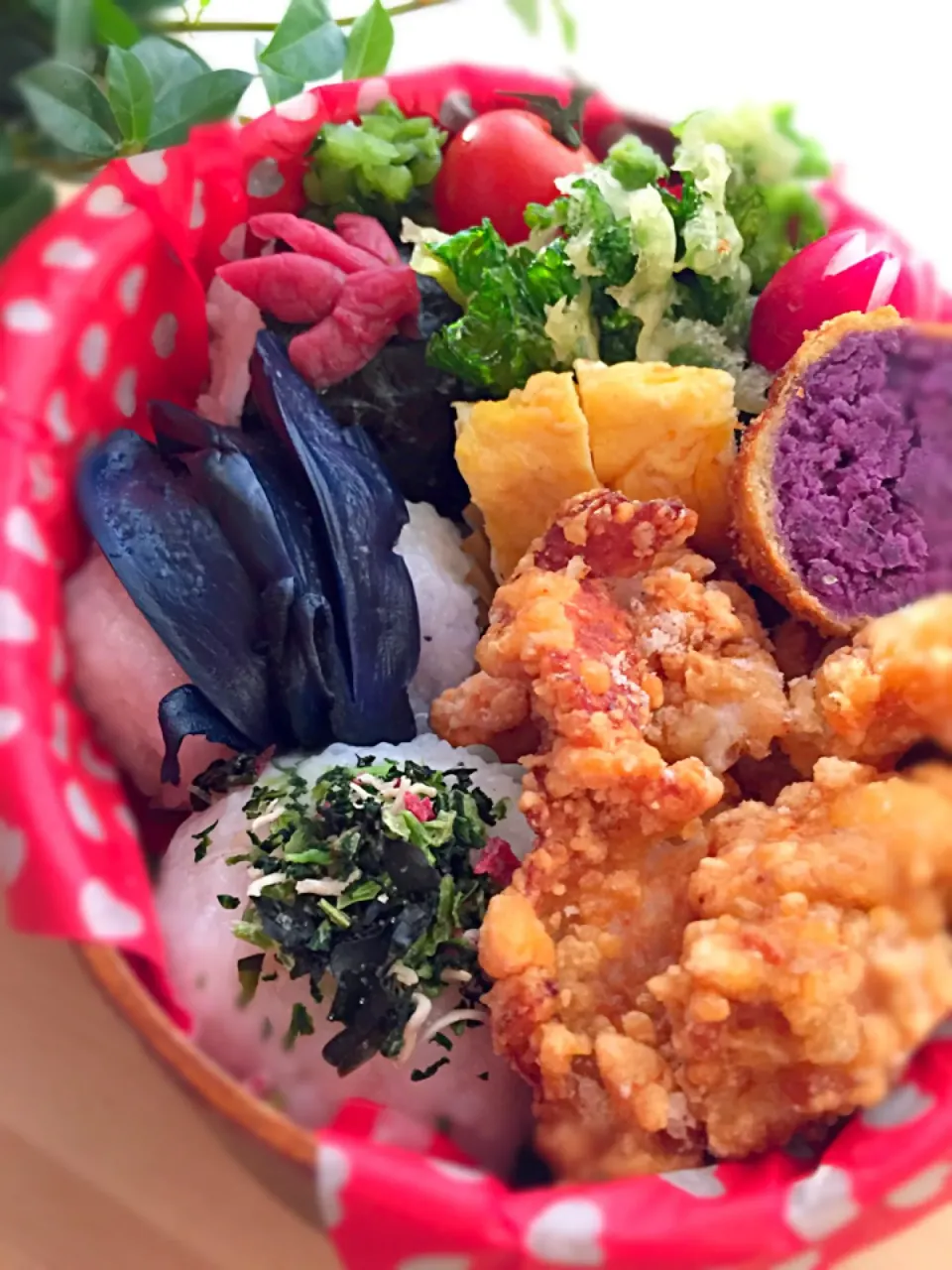 マイ弁当🌸
小茄子と梅干しと花ちりめんおにぎり
にやみつき唐揚げに菜の花天ぷら|さえちゃんさん