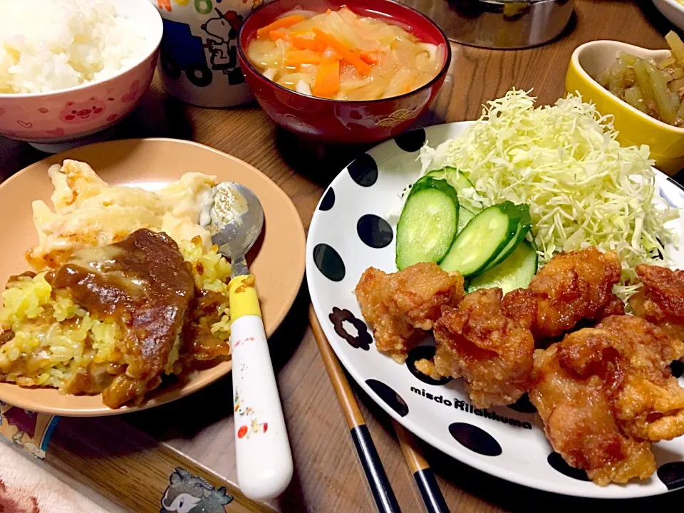 Snapdishの料理写真:#唐揚げ
#ドリア
#うどん入りお味噌汁|Atuko Hashimotoさん