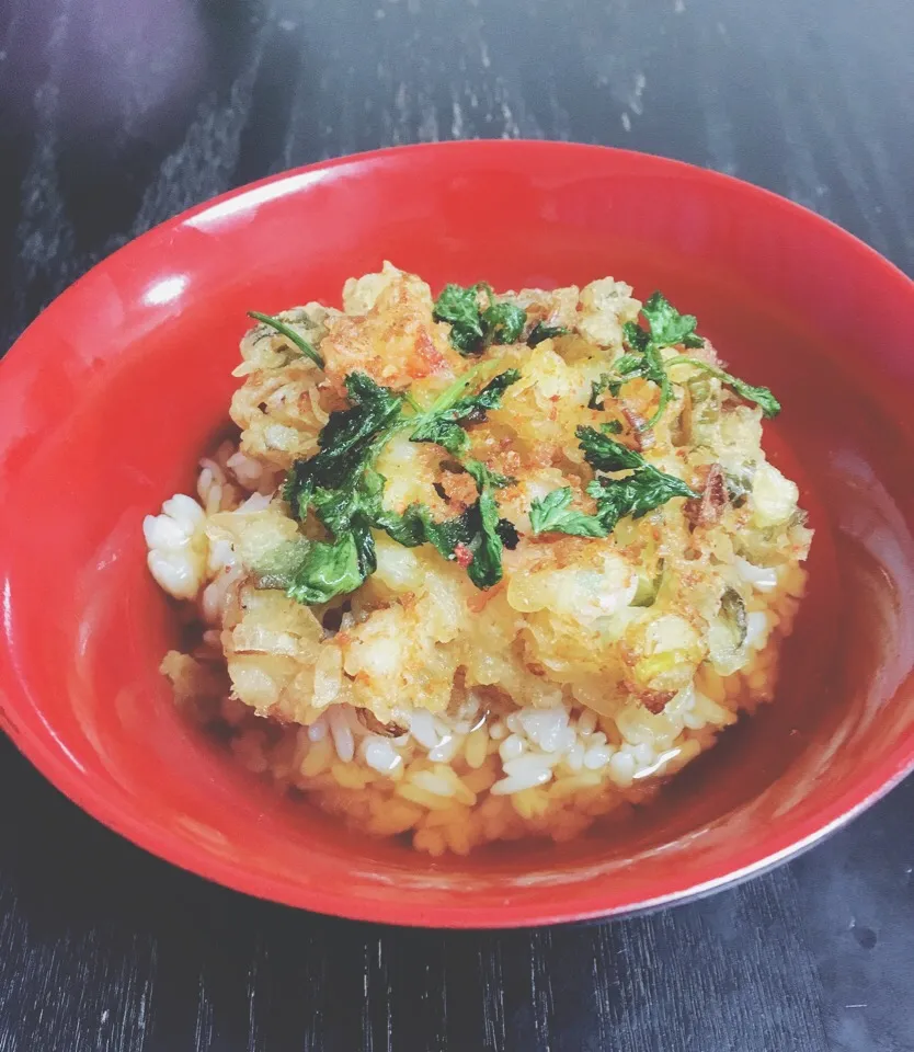 海老と長ネギとパクチーのかき揚げの出汁茶漬け丼|れいさん