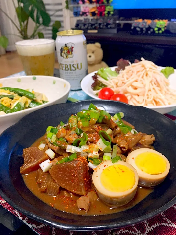 どて煮✨スナップエンドウと豆腐の卵とじ✨明太大根サラダ😋|ゆかりさん