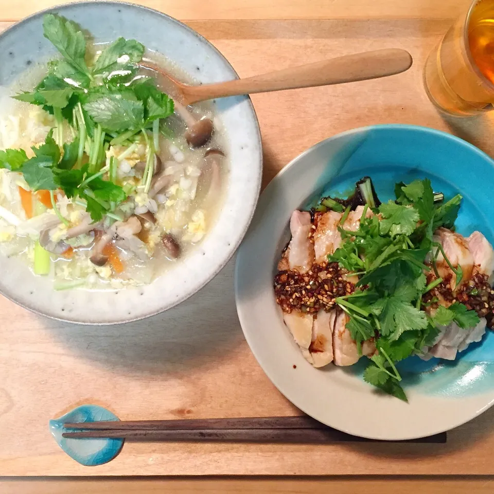 よだれ鶏、鶏の茹で汁で野菜のクッパ|maruruさん