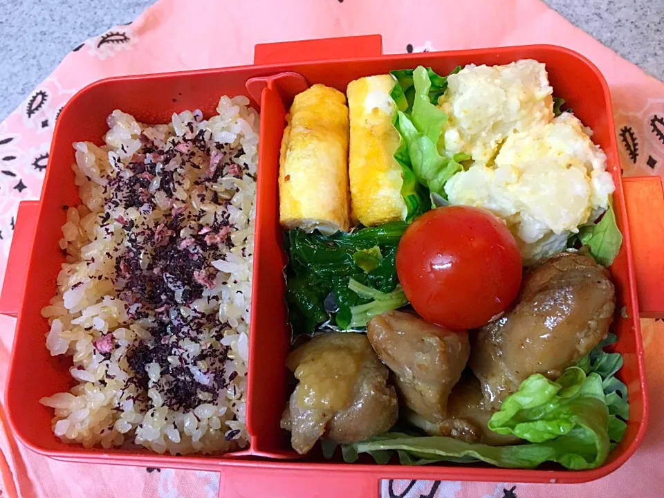 Snapdishの料理写真:1/24☆鳥の照り焼き弁当☆〜だし巻き卵、ポテトサラダ、ほうれん草のドレ和え、トマト|Satokoさん