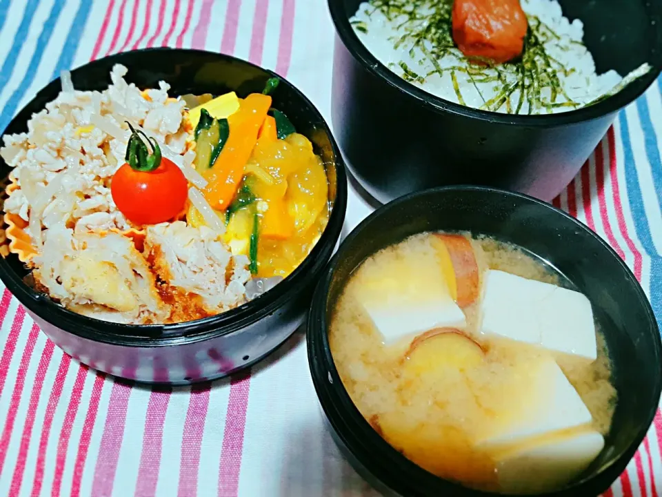 お弁当。塩もやし鶏そぼろとトンカツとカレー野菜炒めと豆腐とさつまいものお味噌汁。|エリカさん