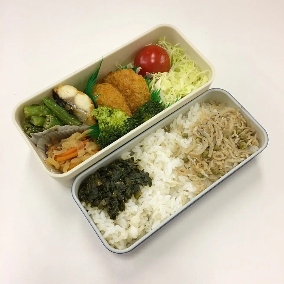 弁当（鯖西京焼き、コロッケ、インゲン胡麻和え、切り干し大根、サラダ、木胡椒佃煮、ちりめん山椒）|SasaMasa213さん