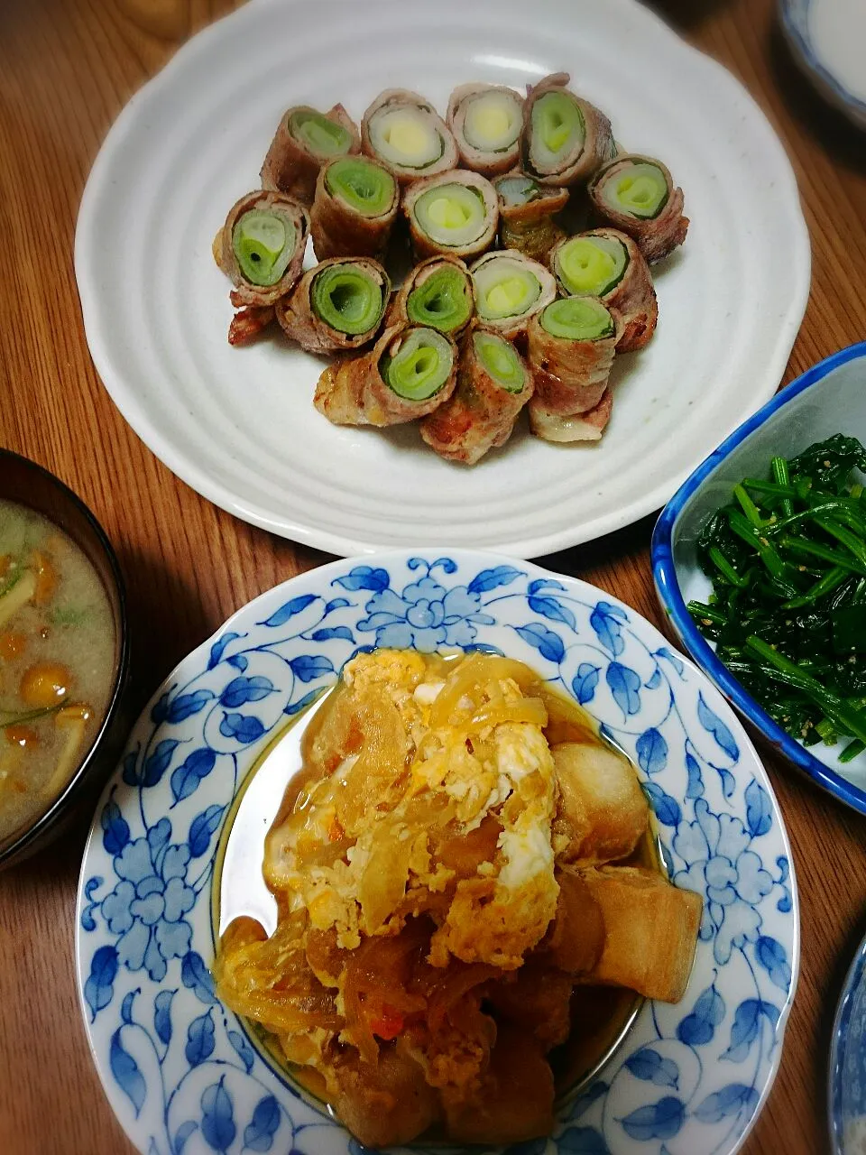 ・豚ロースの葱巻き
・お麸の卵とじ
・ほうれん草の胡麻和え
・なめこ汁|ようかんさん