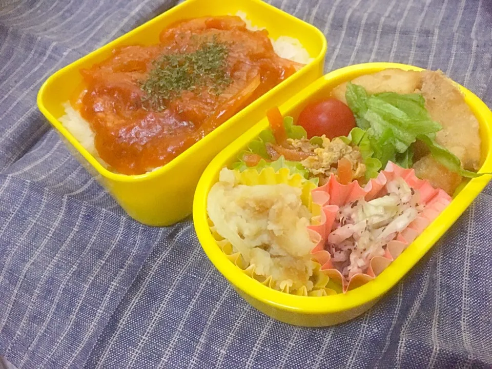 お弁当★高野豆腐の唐揚げ、人参しりしり、じゃがマッシュサラダ、キャベツのゆかり和え、玉ねぎの中華あんかけ丼|ハルさん