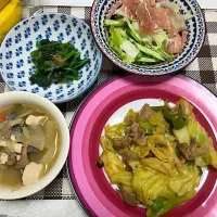 野菜炒め、ほうれん草のお浸し、サラダ、豚汁|はさん