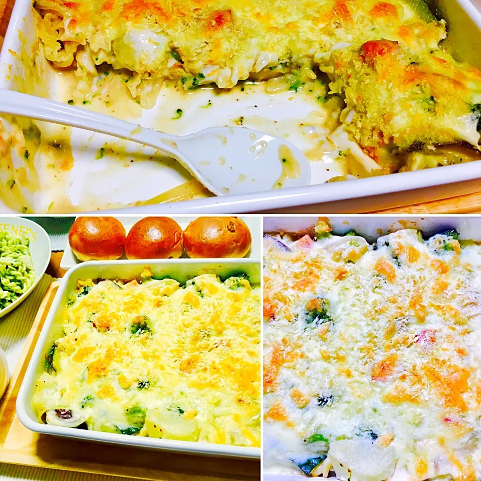 ♡Thickly sliced ​​bacon and zucchini gratin, pasta salad with chicken and basil, minestrone, walnut bread.(๑˃̵ᴗ˂̵)♡|みずほさん