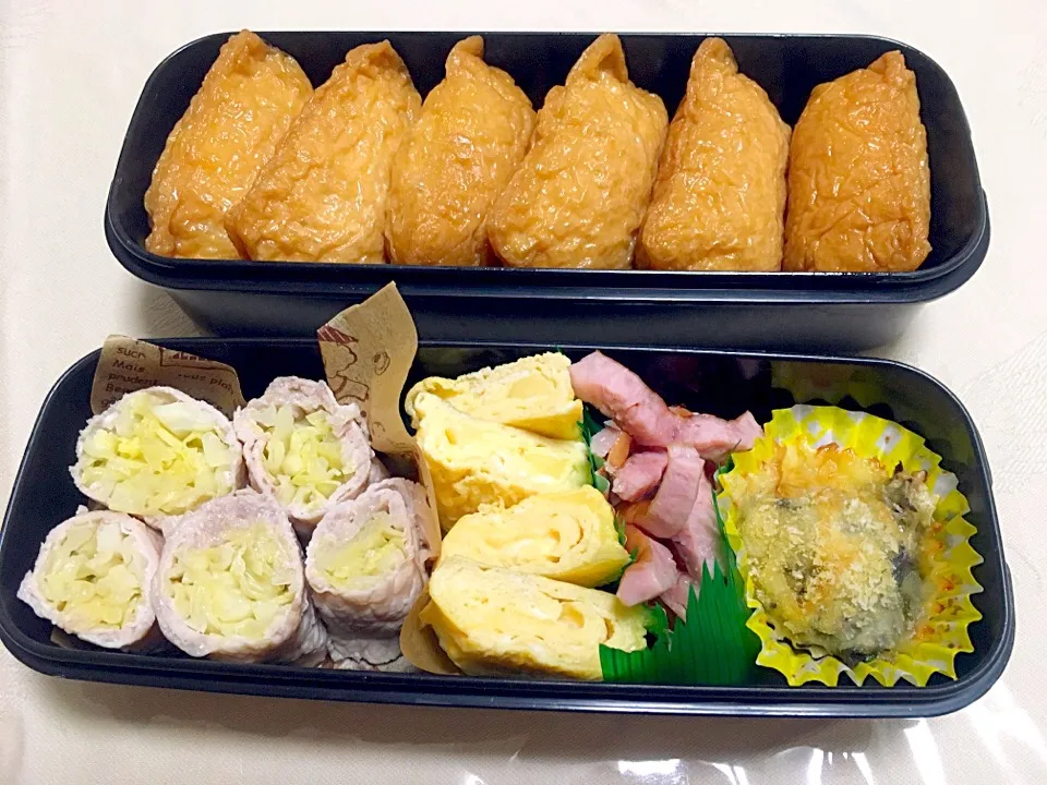 息子のお弁当 おいなりさん、豚肉キャベツロール、ひじきのグラタン、チーズ入り卵焼き、ウィンナー|keitakumamaさん