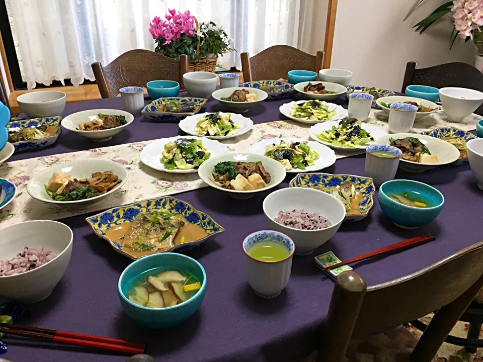 Snapdishの料理写真:鯖の味噌煮、キャベツの梅ドレッシング和え、みぞれ汁、すき焼き風煮|Toshiko Ishinoさん