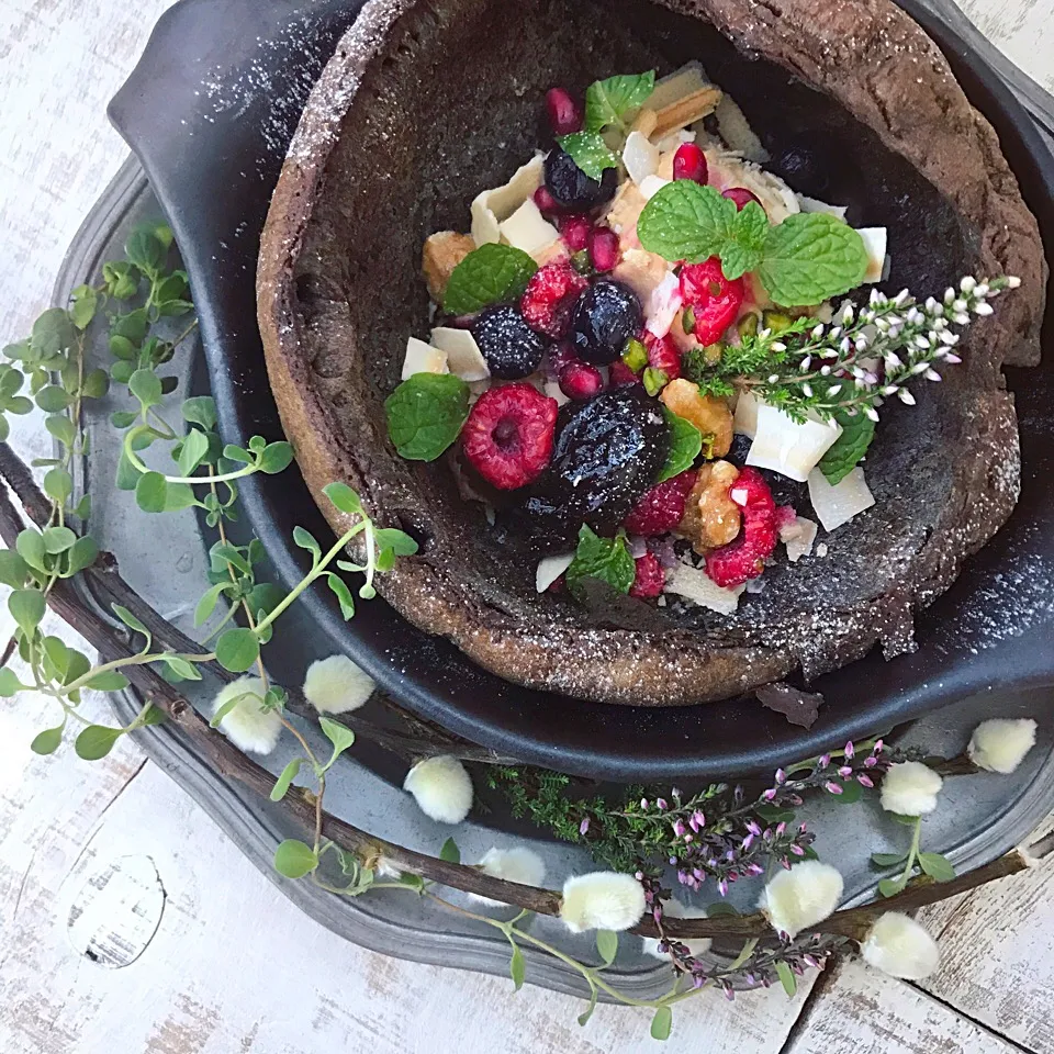 Chocolate Dutch Baby pancake with berries, prune,  cheese cake filling,  coconut, walnut *|⋆͛*͛wandering.cat⋆͛*͛さん