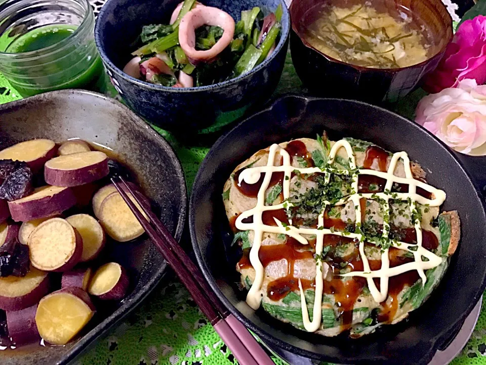 スキレットで玄米餅入りニラ豚カリふわお好み焼き💗|noeさん