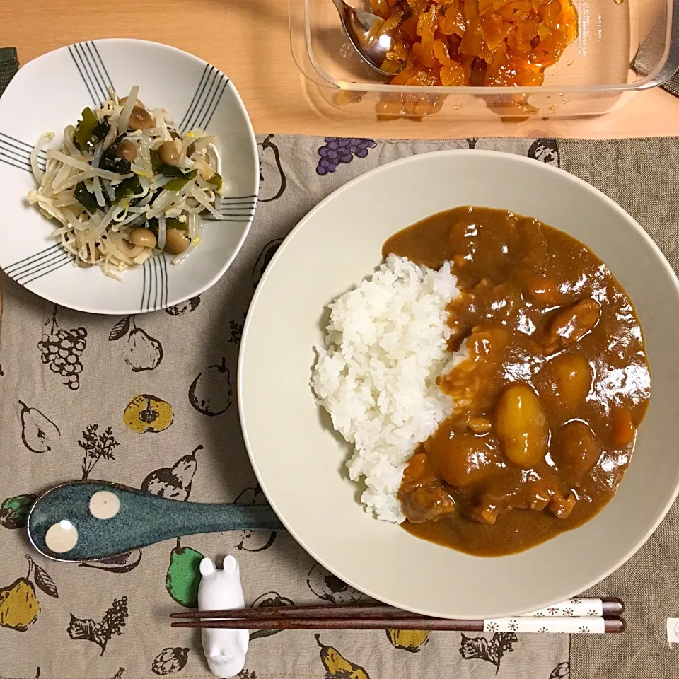 チキンカレー
もやしとワカメときのこの酢の物|はなおさん