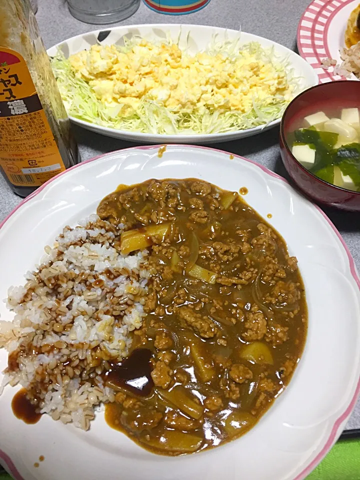 もち麦飯ひき肉カレーライス、玉子サラダ、豆腐ワカメ味噌汁|ms903さん