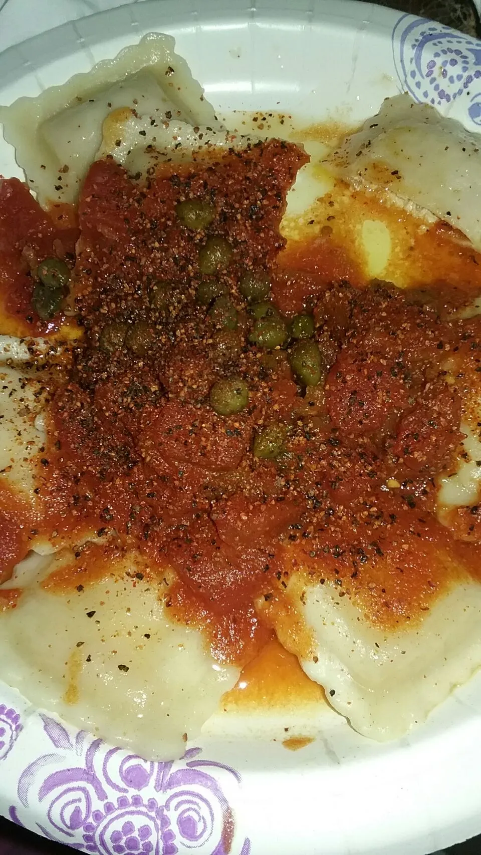 vegan chz ravioli with homemade spicy sauce made by my son.|Polly Gelfusoさん