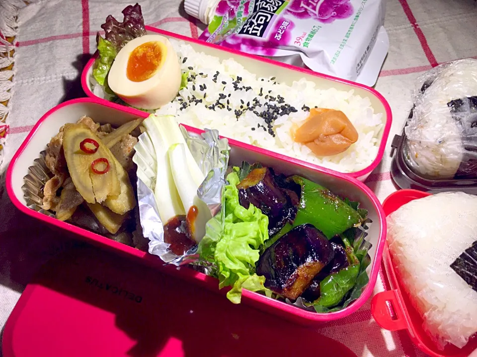 Snapdishの料理写真:#ごぼうと豚肉の時雨煮、茄子とピーマンの甜麺醤炒め、半熟卵の甘辛煮|miam miamさん