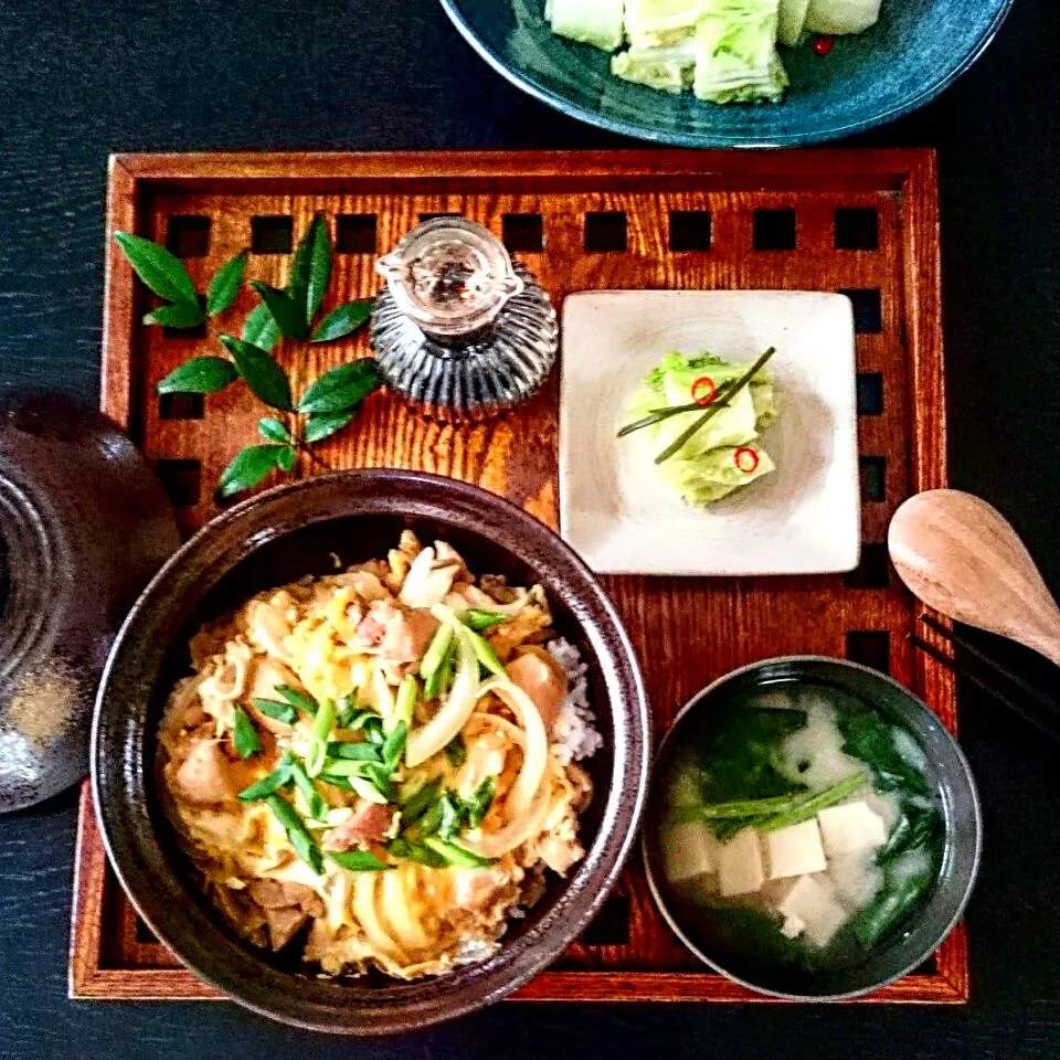 親子丼と豆腐とほうれん草のみそ汁で昼ごはん🎶手作り白菜の漬け物を添えて(๑^ ^๑)|mizuu_plusさん