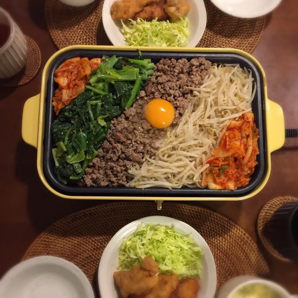 ビビンバ
唐揚げ
たまごスープ|でんでんむしごはんさん