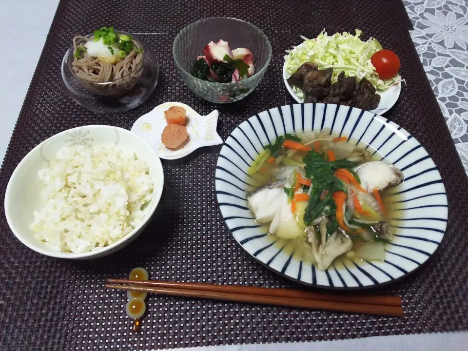 鱈の野菜あんかけ、蕎麦、日南炭火焼き柚子胡椒チキン|シュワシュワキッチンさん