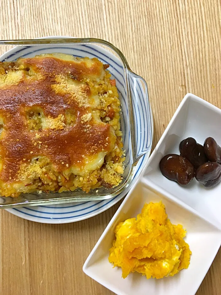 Snapdishの料理写真:#ムスメご飯 

焼きカレードリア、かぼちゃサラダ、讃岐のしょうゆ豆|mossan＠OSAKAさん