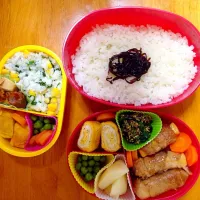 Snapdishの料理写真:#お弁当#弁当#地味弁当#冷凍食品なし
#素朴ごはん #幼児ご飯 #和食 #お昼ごはん 

2017.01.31 お昼ご飯☻ 
＊7分づきごはん
＊昆布の佃煮(市販品)
＊高野豆腐の豚肉巻き
＊グリンピースの含め煮
＊ほうれん草の胡麻和え
＊蒸した人参
＊ラフランス

息子はほうれん草の胡麻和えはせず
ほうれん草とコー|NAKAMOTO'Sさん