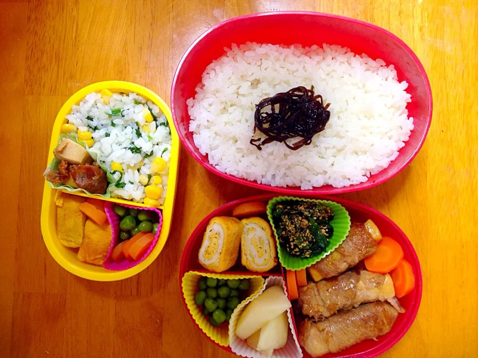 #お弁当#弁当#地味弁当#冷凍食品なし
#素朴ごはん #幼児ご飯 #和食 #お昼ごはん 

2017.01.31 お昼ご飯☻ 
＊7分づきごはん
＊昆布の佃煮(市販品)
＊高野豆腐の豚肉巻き
＊グリンピースの含め煮
＊ほうれん草の胡麻和え
＊蒸した人参
＊ラフランス

息子はほうれん草の胡麻和えはせず
ほうれん草とコー|NAKAMOTO'Sさん