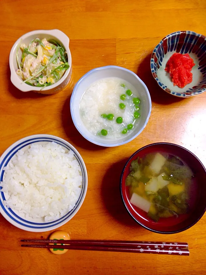 2017.02.01#和食 #幼児ご飯 #素朴ごはん #朝ごはん 

＊七分づきごはん
＊大根葉と大根のお味噌汁
＊グリンピースと山芋のふわふわ煮
＊マカロニサラダ(ベビーリーフ、ツナ、じゃがいも入り)
＊明太子

息子は明太子なしです。
ごちそうさまでした。|NAKAMOTO'Sさん