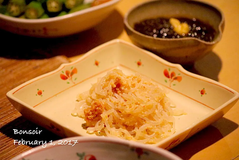 明太子と白滝の炒り煮❣️ 空豆とオクラの塩茹で酢味噌、牛蒡サラダ❣️もずく^ ^|yasuko murakamiさん