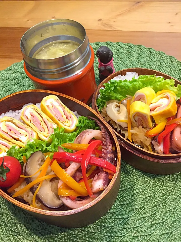 ふたり弁当

雑穀ごはん
ハム入り卵焼き
いかとパプリカの塩バター
切り干し大根の煮物
グリーンリーフ
ミニトマト
お味噌汁(豆腐 白菜 しいたけ)|ひななぎさん