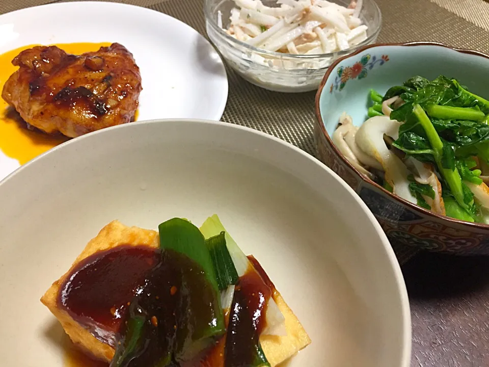 Snapdishの料理写真:厚揚田楽・BBQチキン・大根ツナサラダ・のらぼう菜お浸し|Yuko Kisoさん