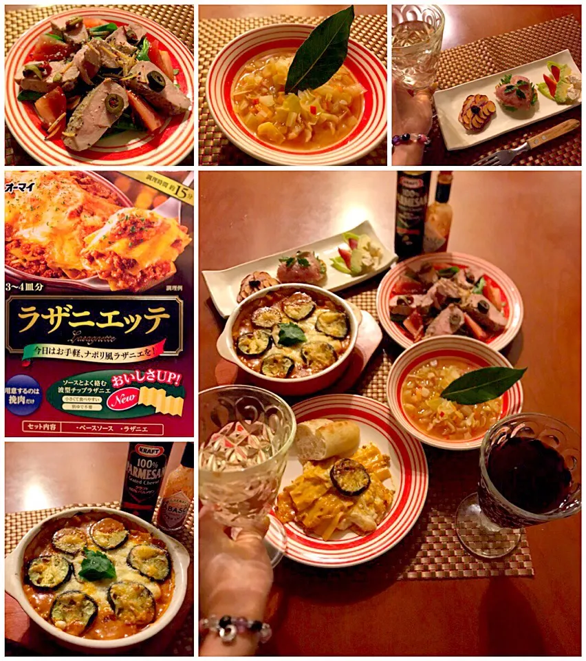 Today's Italian Dinner🍴ｱﾝﾃｨﾊﾟｽﾄ ﾐｽﾄ･お野菜たっぷりﾐﾈｽﾄﾛｰﾈ･ﾛｰｽﾄﾋﾚ肉のｻﾗﾀﾞ仕立て･茄子のﾍﾙｼｰﾗｻﾞﾆｴｯﾃ|🌈Ami🍻さん