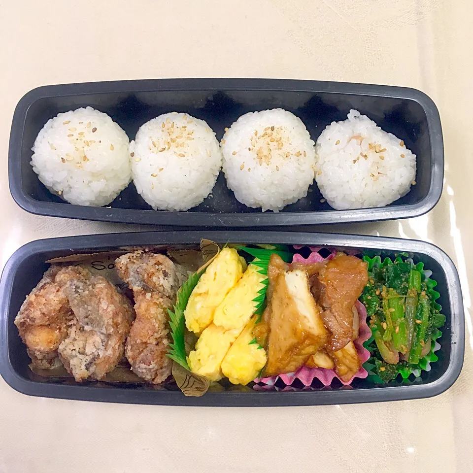 Snapdishの料理写真:息子のお弁当 柚子胡椒漬け鳥の唐揚げ、卵焼き、厚揚げと豚肉の吉田グルメのタレ焼き、ほうれん草の胡麻和え|keitakumamaさん