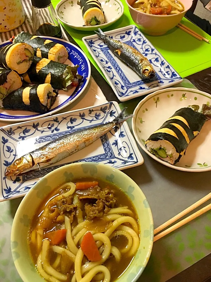 鬼のパンツ恵方巻きと、イワシを焼きました(*^ω^*)昨夜のカレーでカレーうどんも（笑）|ライムさん