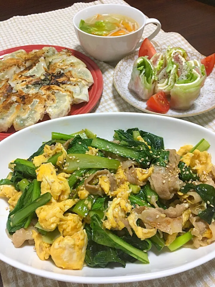 小松菜と豚肉 卵の炒め物
餃子
生春巻き
中華スープ|みっきーさん