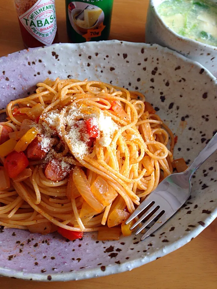 ２月５日
ランチ 
スパゲティナポリタンと水菜とたまごのスープ|Yu Yu mamaさん