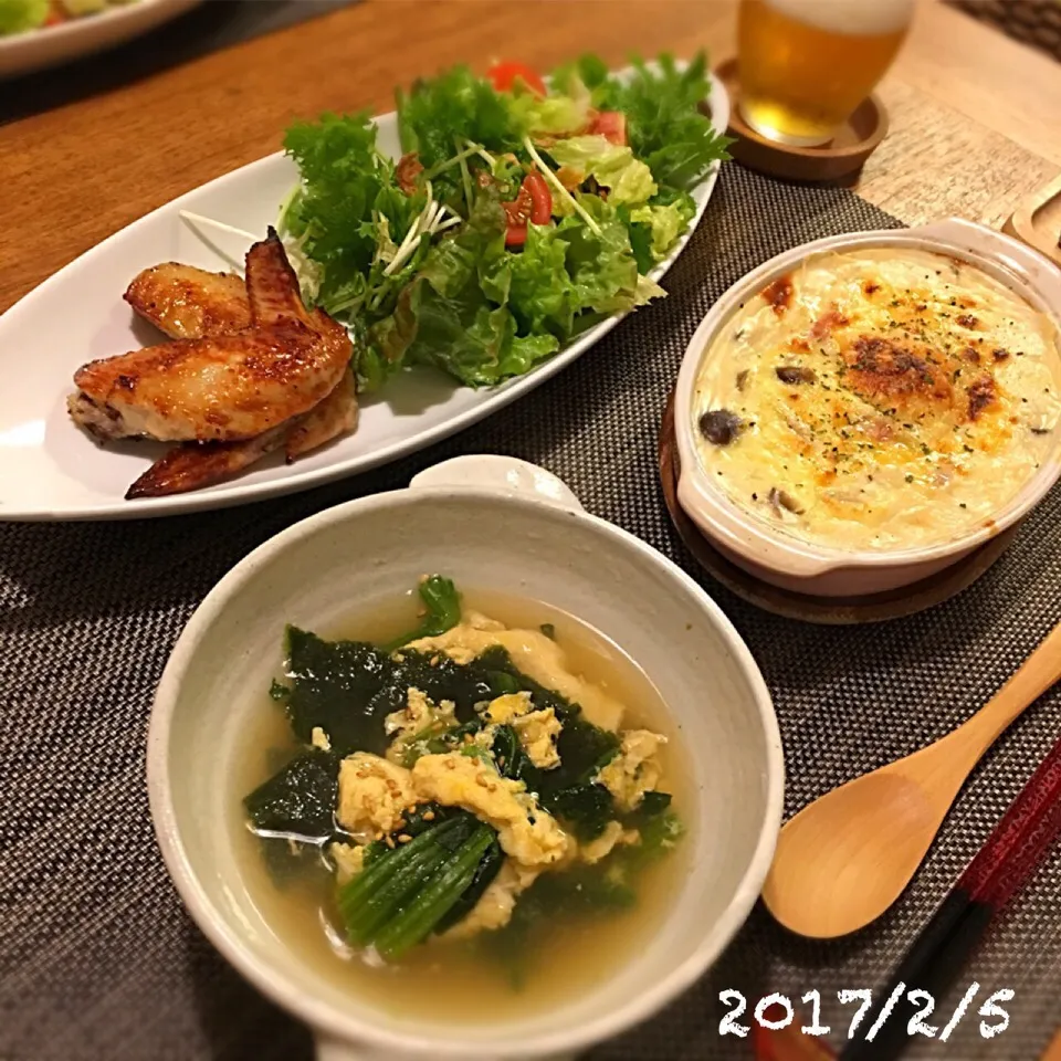 Snapdishの料理写真:手羽先のロースト／塩麹
白菜とお餅のグラタン
ほうれん草と海苔のスープ|𓇼 Ⓢ Ⓗ Ⓘ Ⓝ Ⓞ Ⓑ Ⓤ 𓇼さん