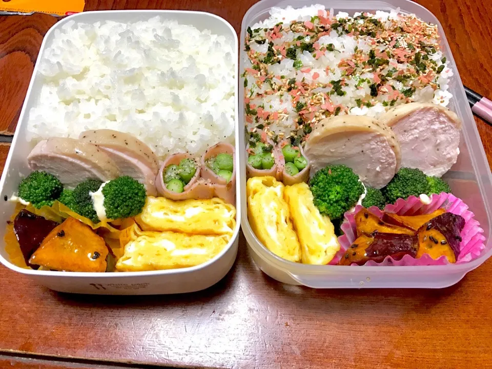 今日のお弁当です！ ✔鶏ハム ✔卵焼き  ✔アスパラのハム巻き ✔ブロッコリー ✔大学いも でした！鶏ハムは昨日の夜に味付けしてお湯に浸して朝まで放置しました。今日は、20分で作ることが出来ました😉#お弁当 #お弁当初心者 #鶏ハム #大学いも|ぽっぽさん