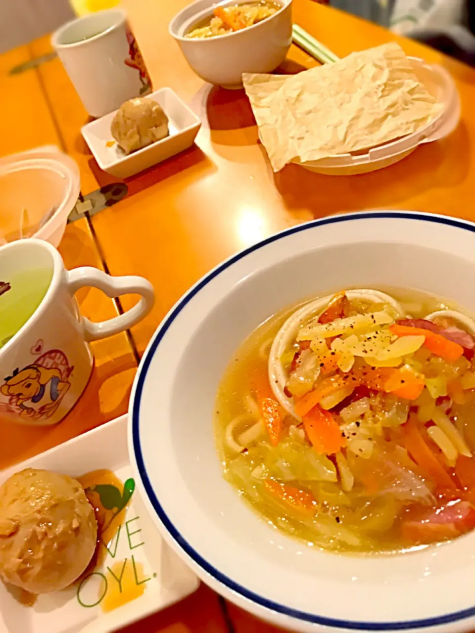 Snapdishの料理写真:ベーコンと野菜のうどん   煮玉子   お茶🍵|ch＊K*∀o(^^*)♪さん