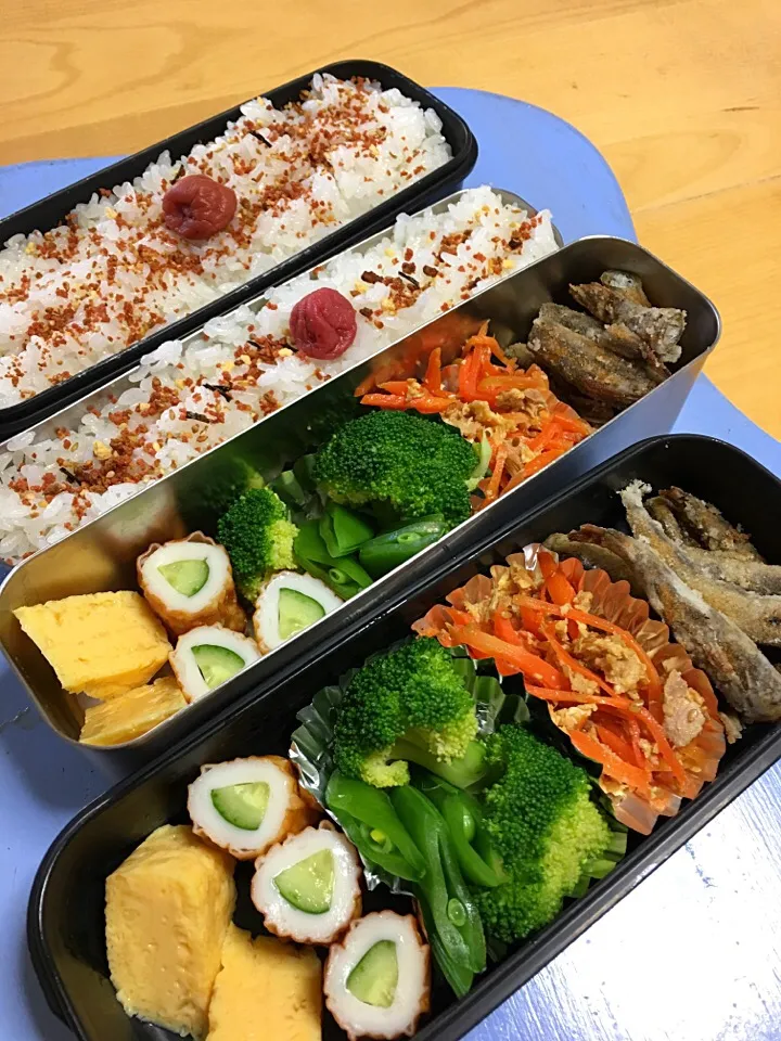 メヒカリの唐揚げ  にんじんしりしり ブロッコリー スナップエンドウ ちくわきゅうり 玉子焼き弁当。|Kumiko Kimuraさん