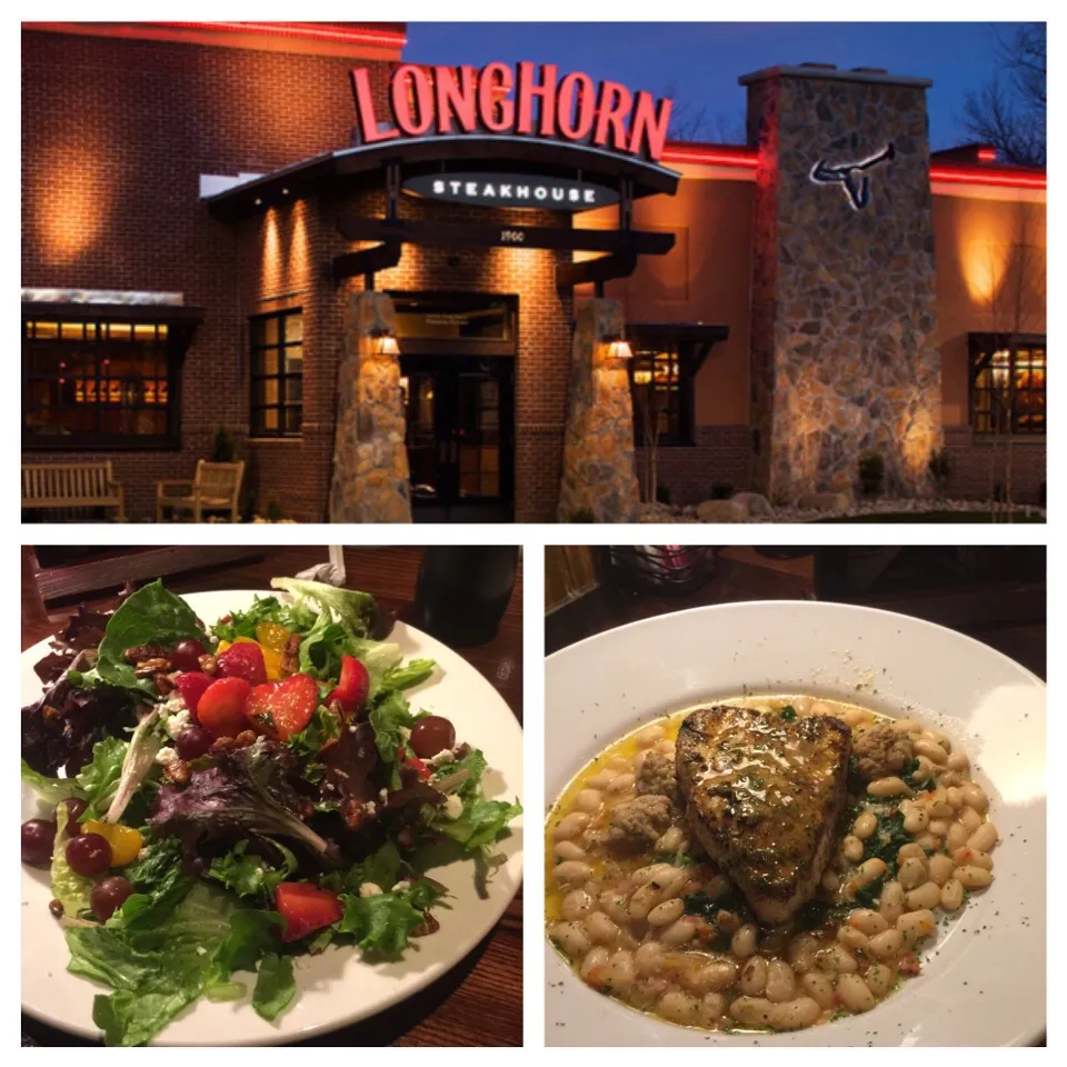 Spring Mix salad w/strawberries, walnuts & feta. Swordfish Steak over white beans, kale & sausage #cleaneating #dinner #longhornsteakhouse|Richard Thompsonさん