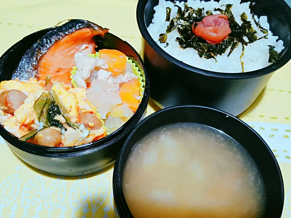 お弁当。焼き鮭とほうれん草とウインナーのオムレツと野菜のコンソメ煮とお味噌汁。|エリカさん