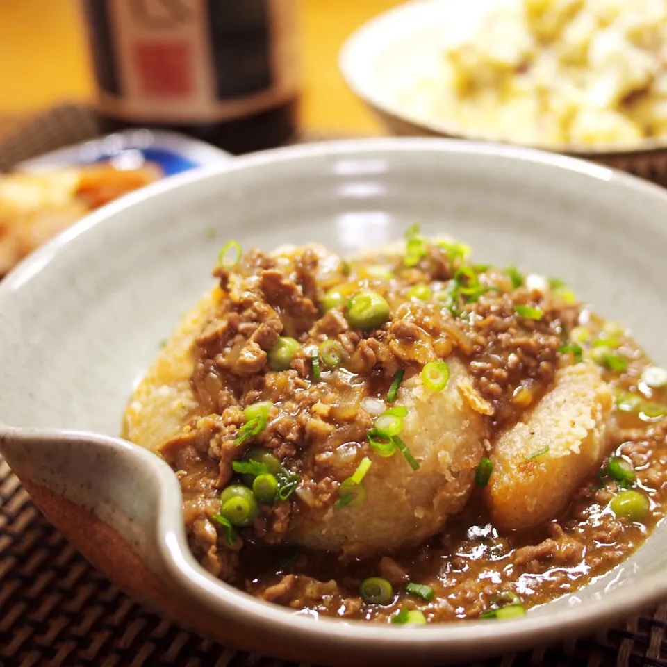 大根のおでん風からの〜リメイク、大根の揚げ出しキーマカレーあんトッピング|ゆーさんさん