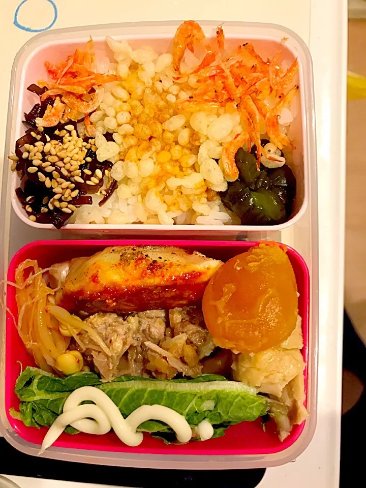 パパお弁当🍱😋  鮪ステーキ  焼き餃子  煮玉子  もやしナムル  白菜サラダ  椎茸昆布の佃煮  きゅうりの紫蘇漬  揚げ玉  干し海老|ch＊K*∀o(^^*)♪さん