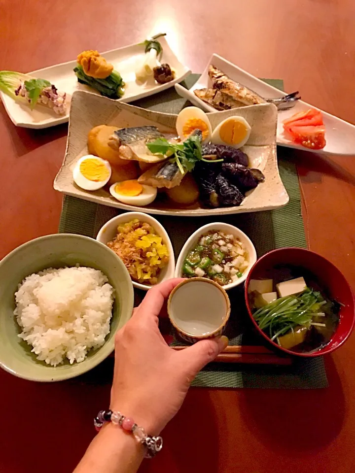 Today's Dinner🍴前菜･鯖の味噌煮<大根･茄子･ゆで卵>･ぷりぷり鰯･白飯･沢庵納豆･ｵｸﾗ長芋ゆず酢もずく･豆腐とわかめ､三つ葉お吸い物|🌈Ami🍻さん