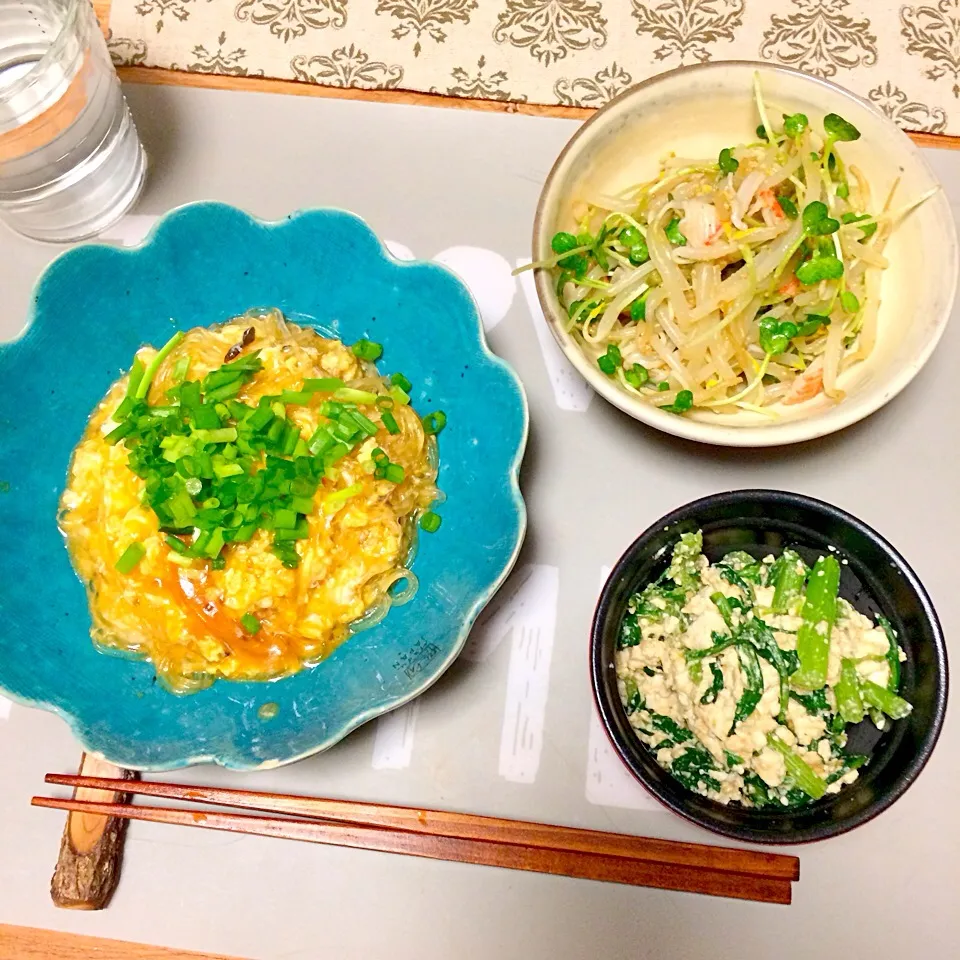 春雨卵とじ、春菊の白和え|acoさん